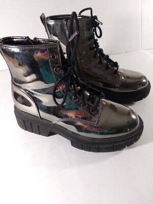Madden NYC Boots Shiny Metalic Silver Lace Up Side Zip Sz 5