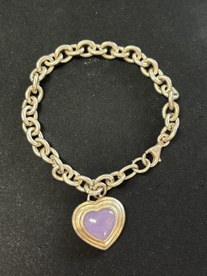 Designer CNA Purple Jade Heart Chain Link Sterling Silver 7.5 in Bracelet