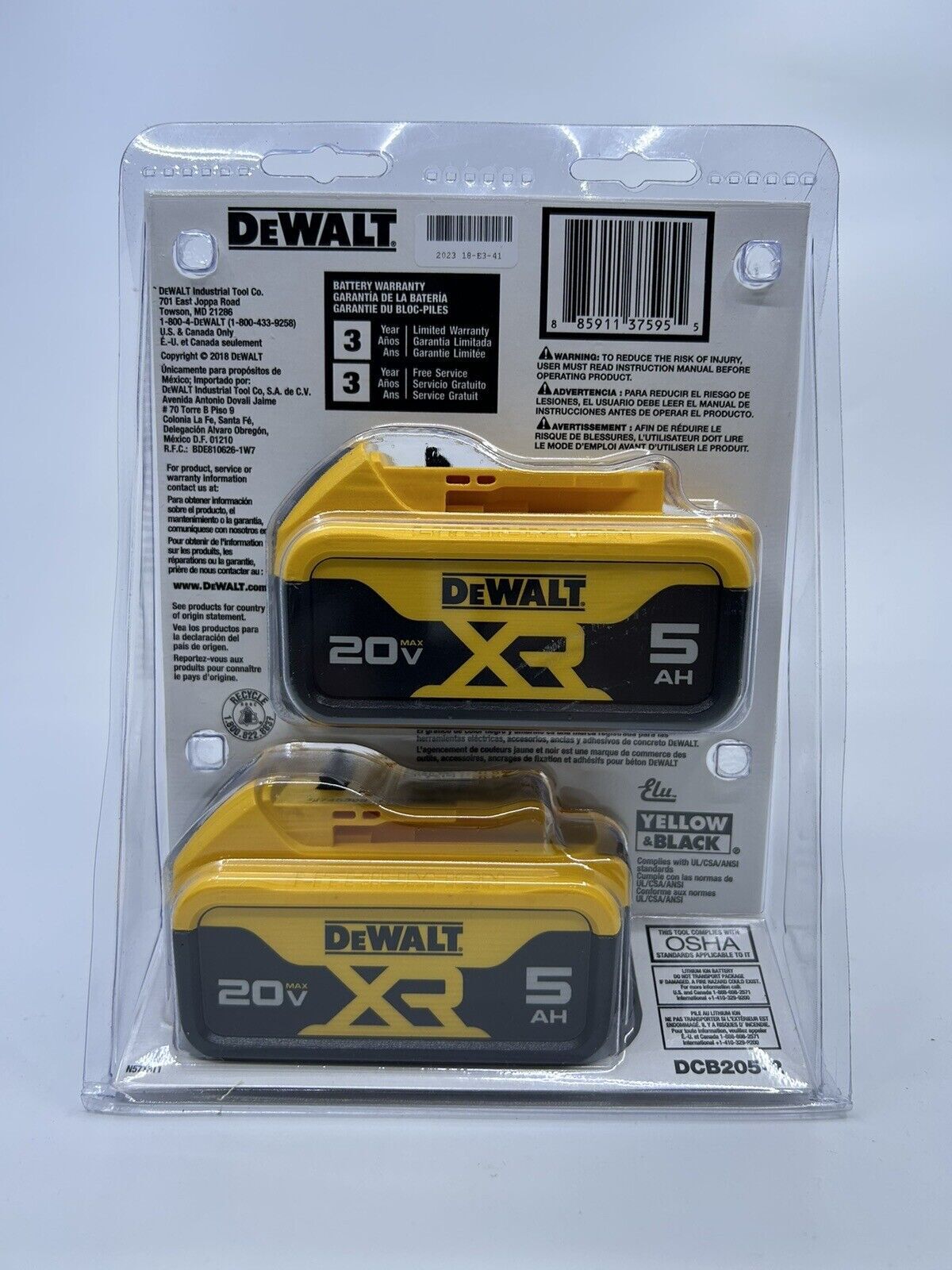 DEWALT DCB205-2 20V 5Ah Lithium-Ion Battery - Pack of 2