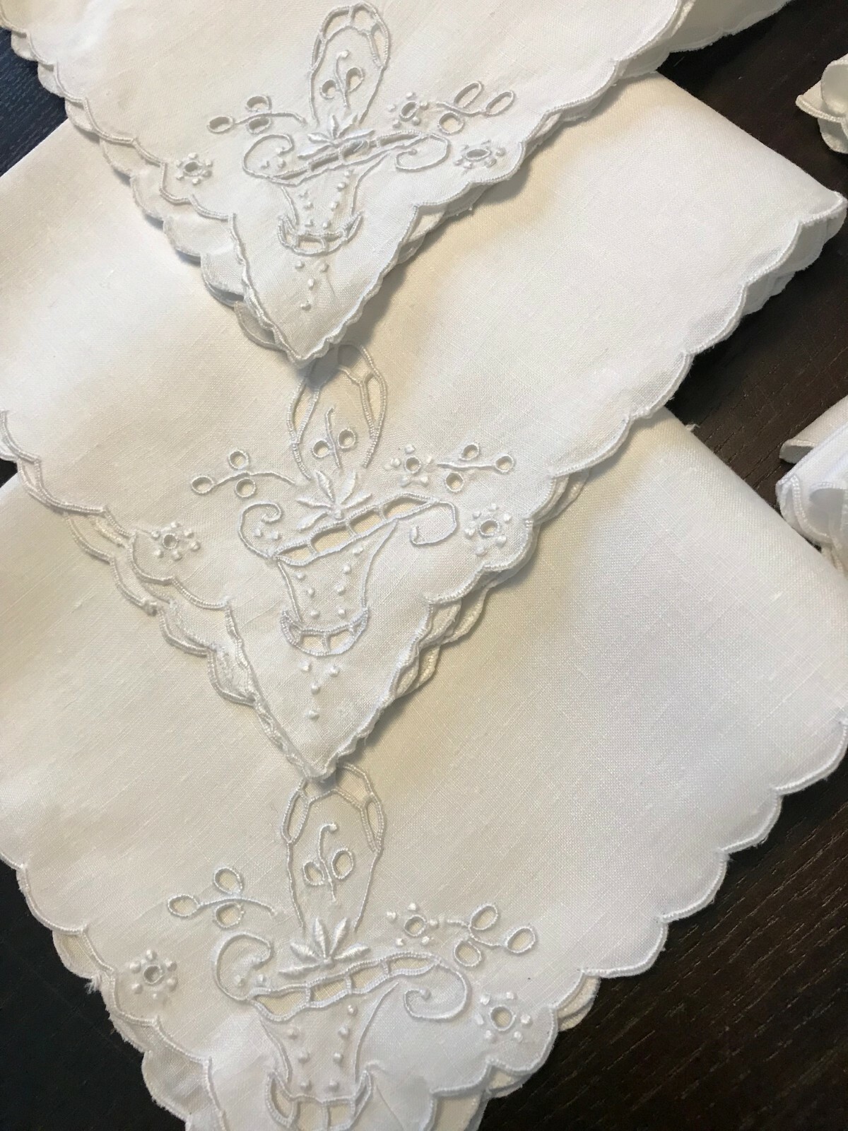 6 Vintage Madeira Napkins Bridal Basket Wedding Embroidery Fine Flax Linen