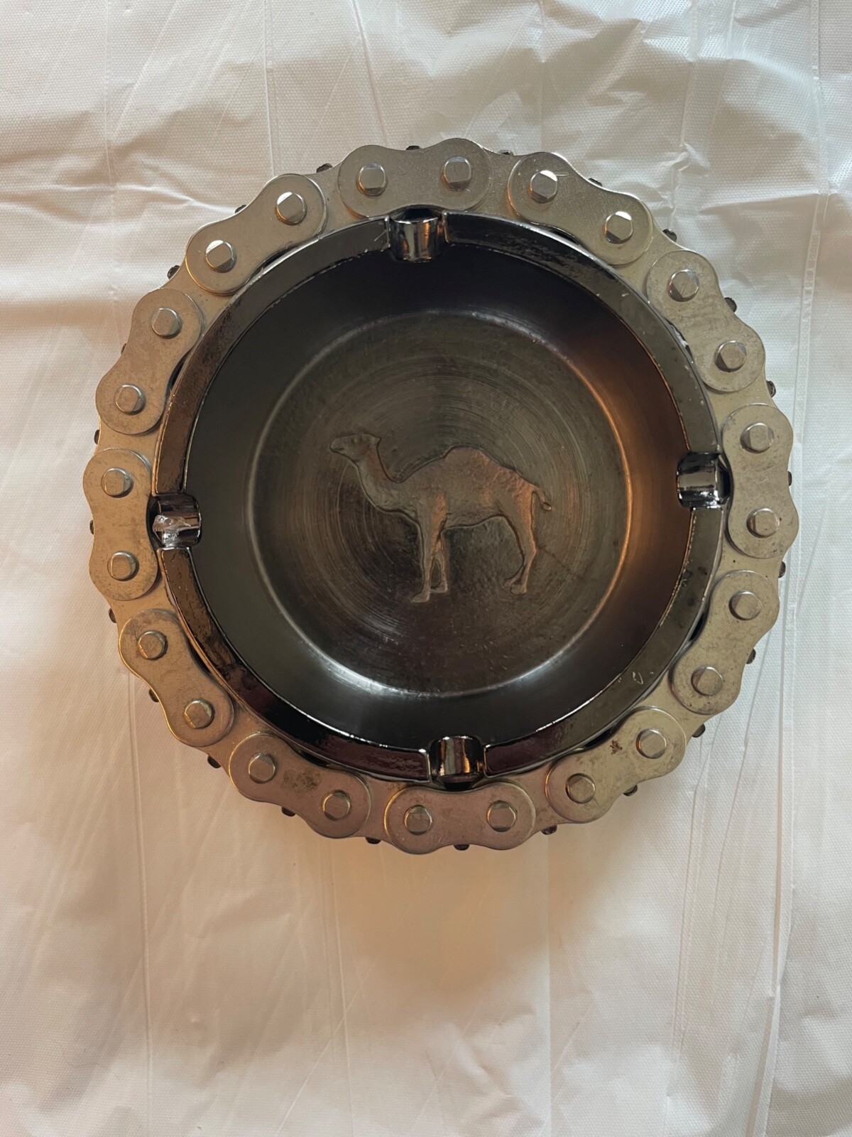 NEW Metal Camel Engraved Ashtray With Bike Motor Chain, Vintage, New old Stock