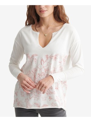 Женская белая футболка LUCKY BRAND с необработанным подолом и цветочным принтом с длинным рукавом и разрезом XS