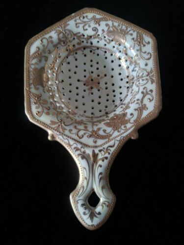 Antique Ivory & Raised Gold Detail Porcelain Tea Strainer