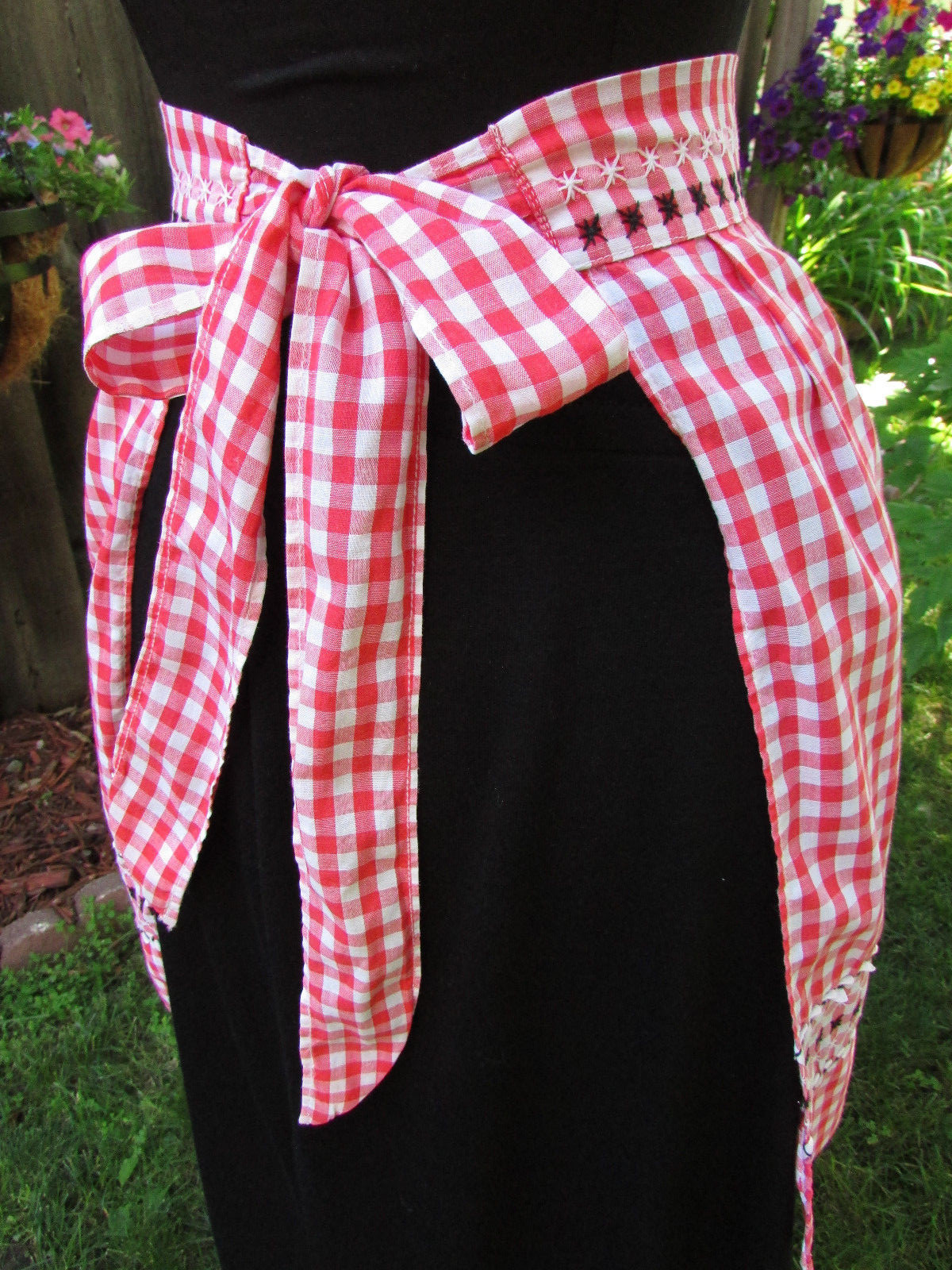 Vintage Red and White Gingham Apron Black Cross Stitching White Rick Rack
