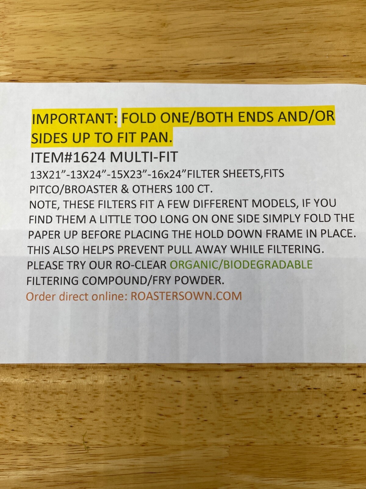 FITS BROASTER * MODEL 1800 818 REPLACEMENT FILTER PAPER 16"X24" MULTI-FIT 100ct.