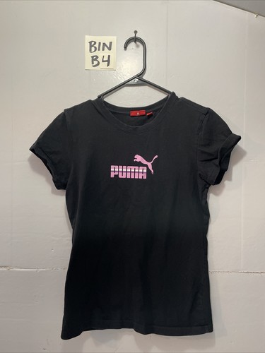 Puma Pink Logo Black Fitted Tee Shirt women's size L | eBay