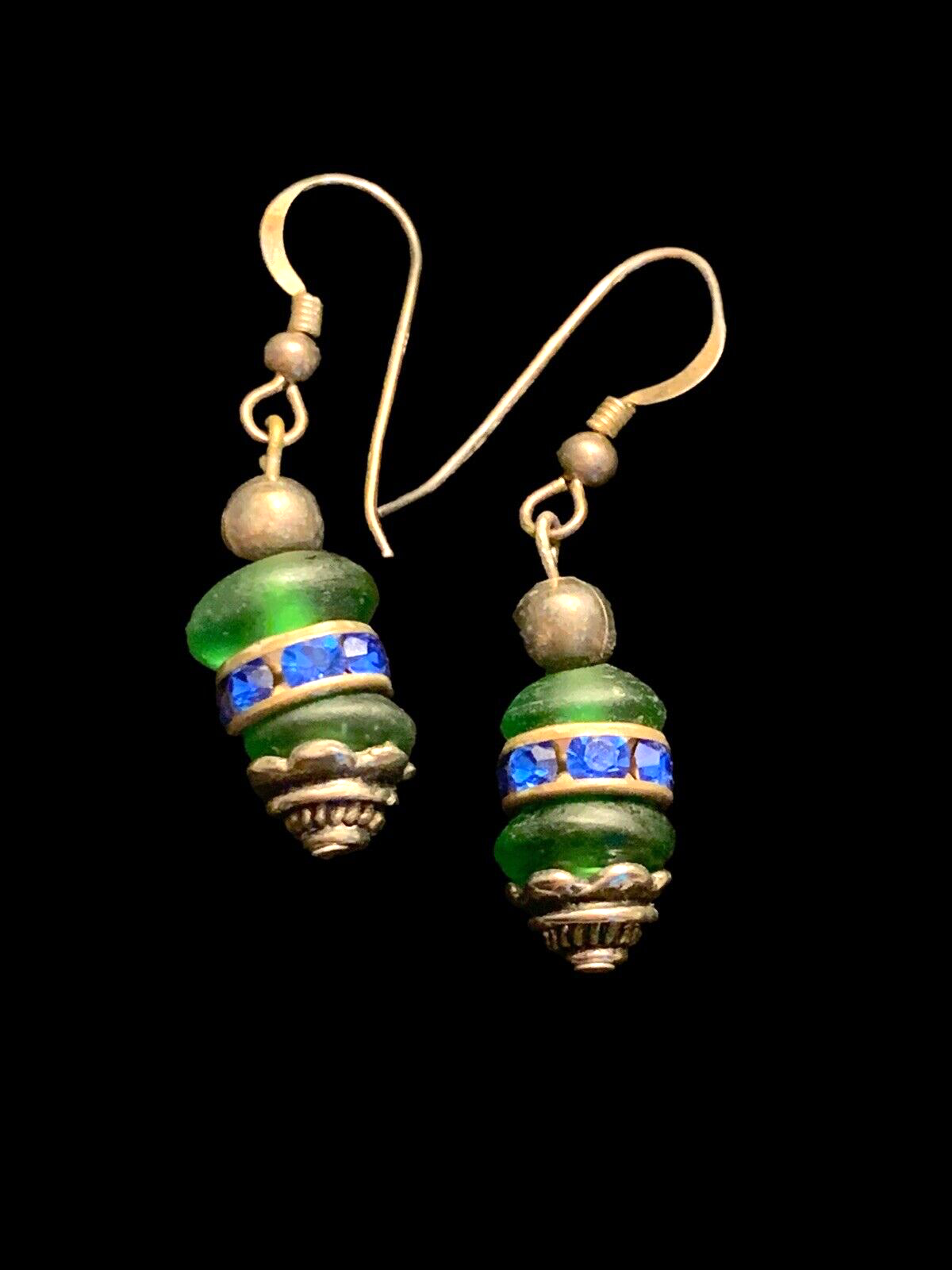 Vtg Artisan 925 Silver Drop Dangle Earrings Channel Set Glass Bead Green Blue
