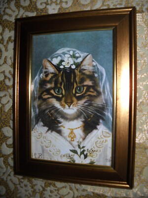 CAT IS A BRIDE 4 X 6 gold framed animal picture Victorian style art print