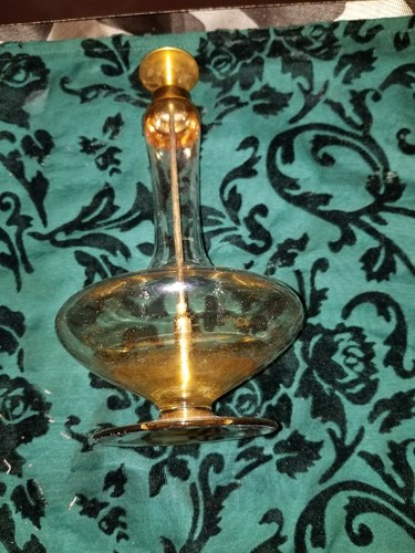 Antique Perfume Bottle Atomizer Irredescent Gold with Topaz Stone on Metal Pump