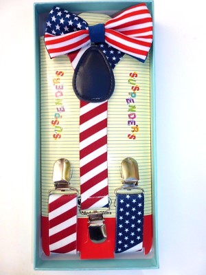 New Baby Toddler Kids Child US AMERICAN FLAG US Suspenders Bow Tie Gift Box Set 