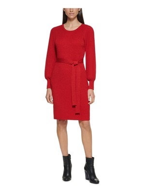 

CALVIN KLEIN Женское красное вязаное платье-свитер с длинными рукавами выше колена с поясом, Красный