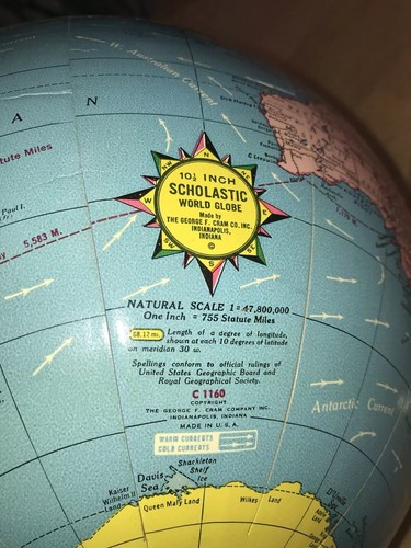 Vintage George Cram's Scholastic 10.5” World Globe C1160 Metal Base Nice Natural