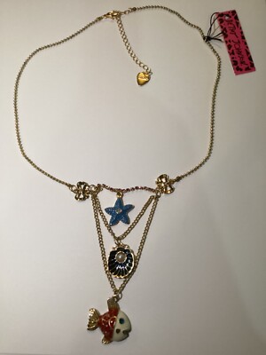 Betsey Johnson NECKLACE Beach SEA CREATURES Enamel FISH Shell 20-23  GOLD NWT