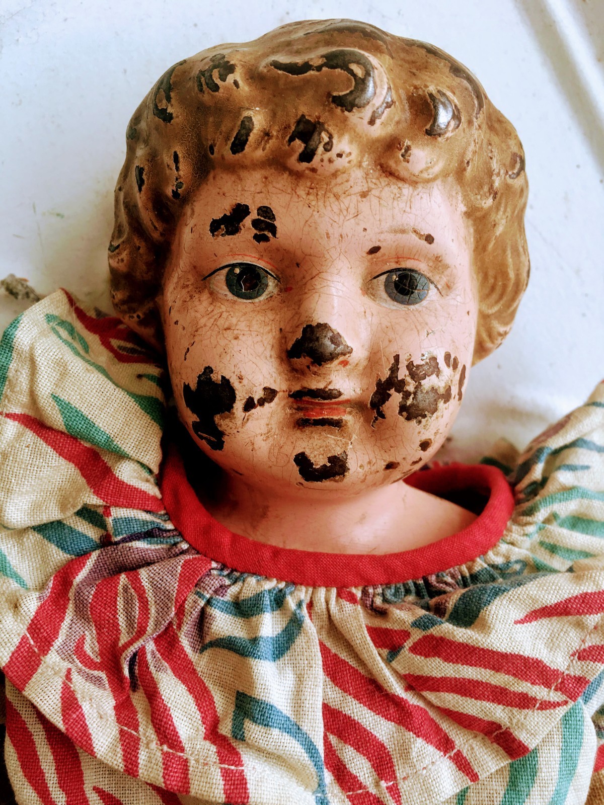 Antique Tin Minerva Doll Germany Feed Sack Dress Cloth Body 15.5