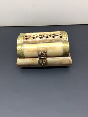 Vintage Small Camel Bone & Brass Trinket Box With Velvet Lining 4  X 2.5 