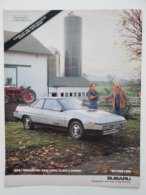 Subaru XT Turbo Silver Car Farmer Son Barn Silo Tractor 1986 Vintage Print Ad