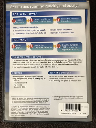 TurboTax 2012 Deluxe. Federal and State Returns (Pre-owned)