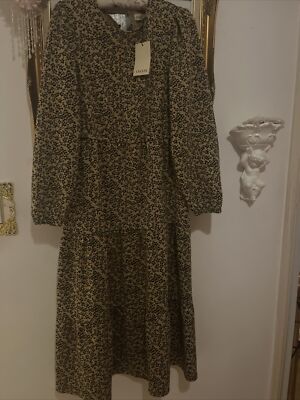 Oasis Brown Floral Midi Thick Tiered Dress Brand New With Tags Medium
