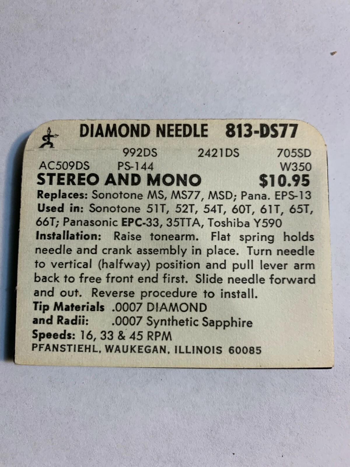 STEREO NEEDLE REPLACES SONOTONE MS, MS77, MSD CARTRIDGE 813-DS77