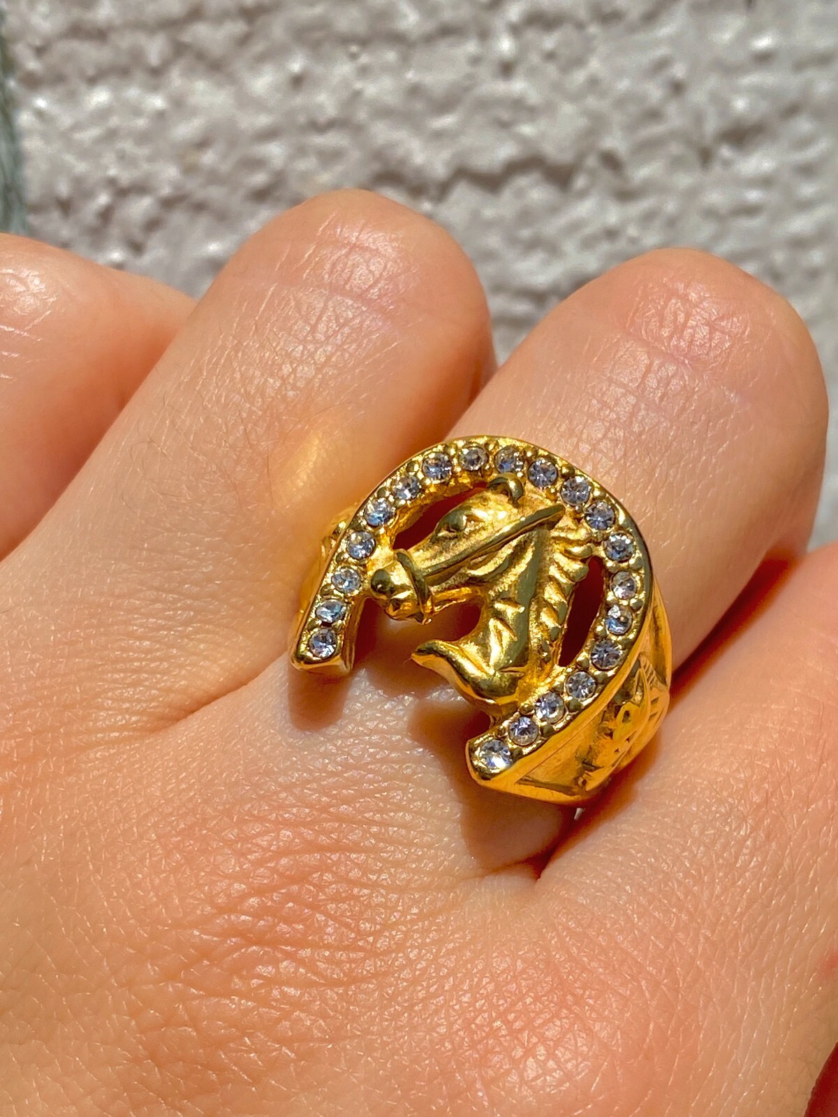 frank and easy sv shoe horse ring 8号 Lucky Gold Plated CZ Bling Horseshoe Ring for Men,Iced Out