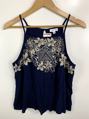 NWT Eyeshadow XL Navy Tan Floral Embroidered Sleeveless Square Neck Top Blouse