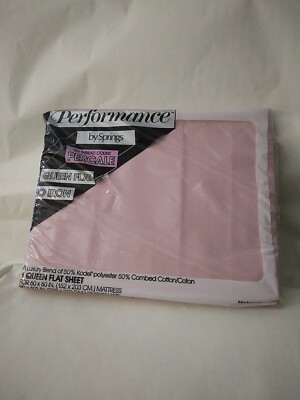 Vtg PERFORMANCE BY SPRINGS 180 thread Count No Iron Queen Flat Sheet Pink