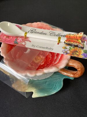 Corner Ruby Garden Collection Flower Teacup/Leaf Saucer/Butterfly Spoon 3Pc Set