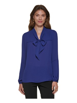 

DKNY Женская темно-синяя блузка с длинным рукавом и завязками на шее для работы, Navy