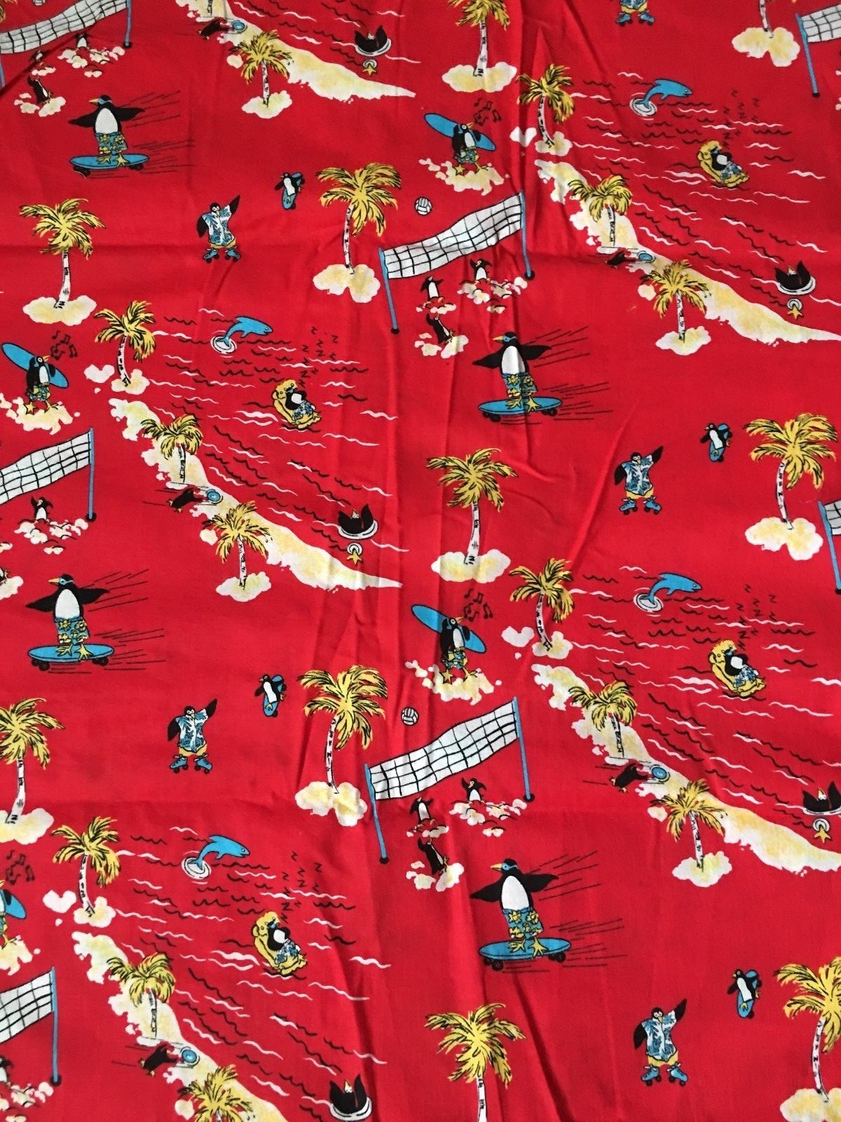 Vintage Novelty Fabric Penguin  Beach Surfing Skateboarding  Hawaiian 4 yards