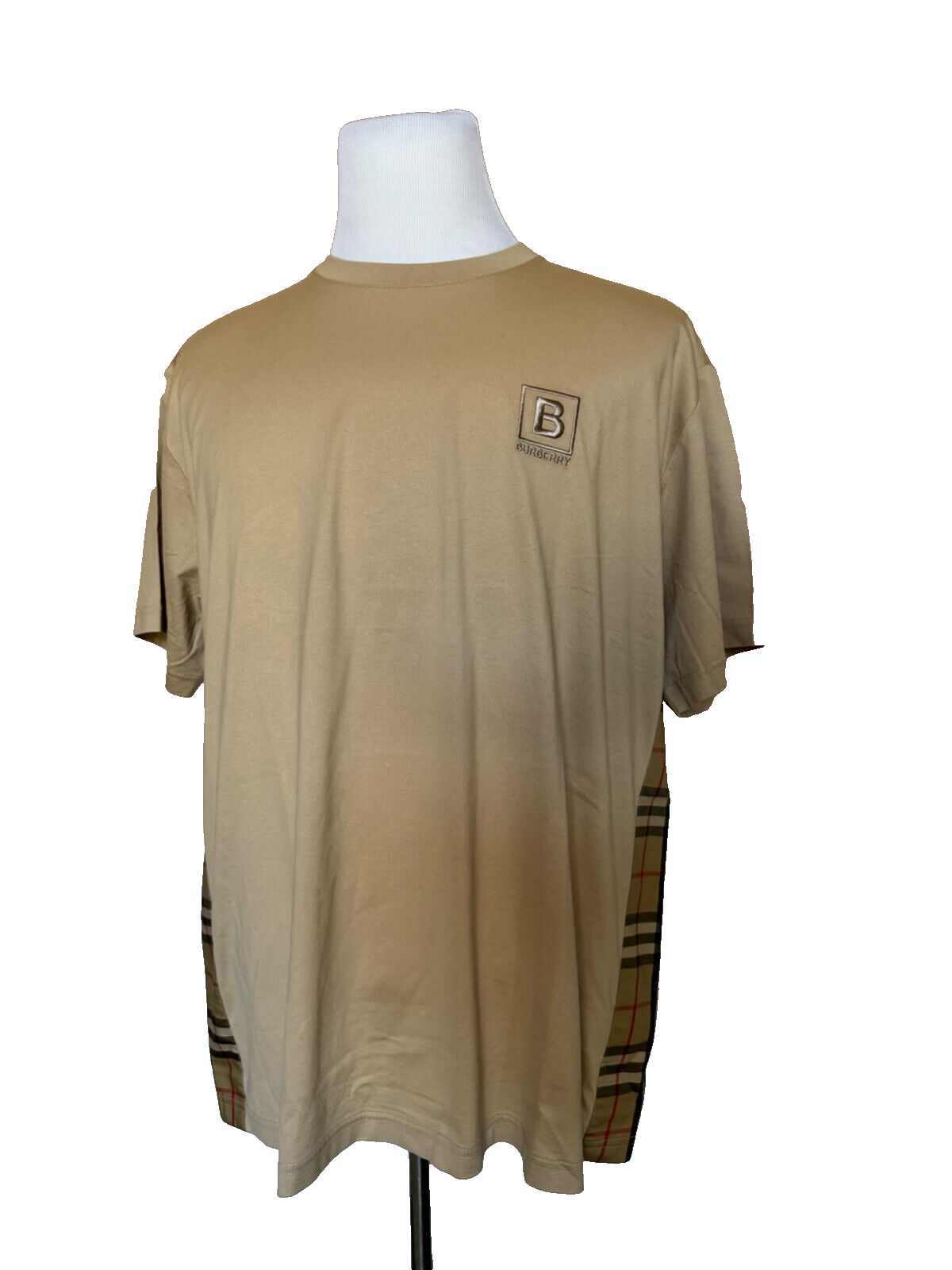 Pre-owned Burberry $580  Logo Men's Beige Plaid Cotton T-shirt Xl (oversized) 8067071 In Beige (soft Fawn)