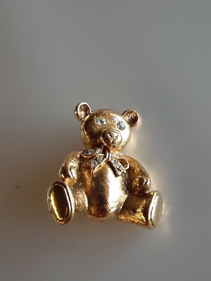Gold Tone Clear Rhinestone Teddy Bear Tac Label Pin Brooch
