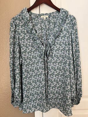 Max Studio Womens Top Boho Floral Tassle Tie Ruffle Neck Sz XL