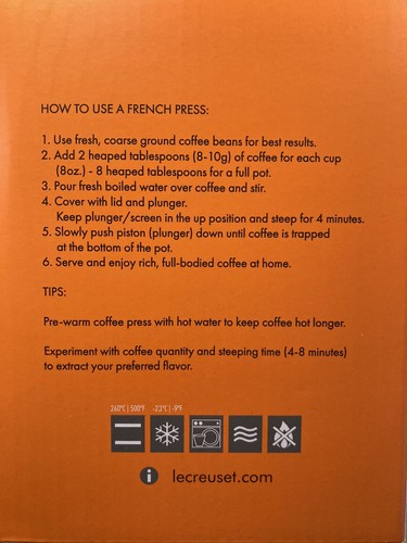 "Vapeur" LE CREUSET 34 Oz Large French Coffee Press NWT Stoneware Light Gray