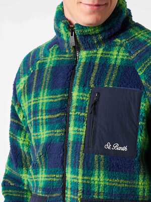 Pre-owned Mc2 Saint Barth Man Sherpa Jacket With Tartan Print In Blue