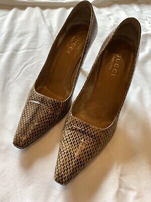 Gucci VTG Brown Tan Gold Snake skin 3" High Heel Shoes 7.5 B Italy Italian DS66