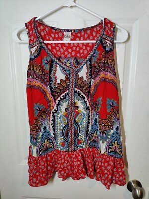 Bila Red Ruffle Sleeveless Boho Relaxed Fir Embroidered Top S