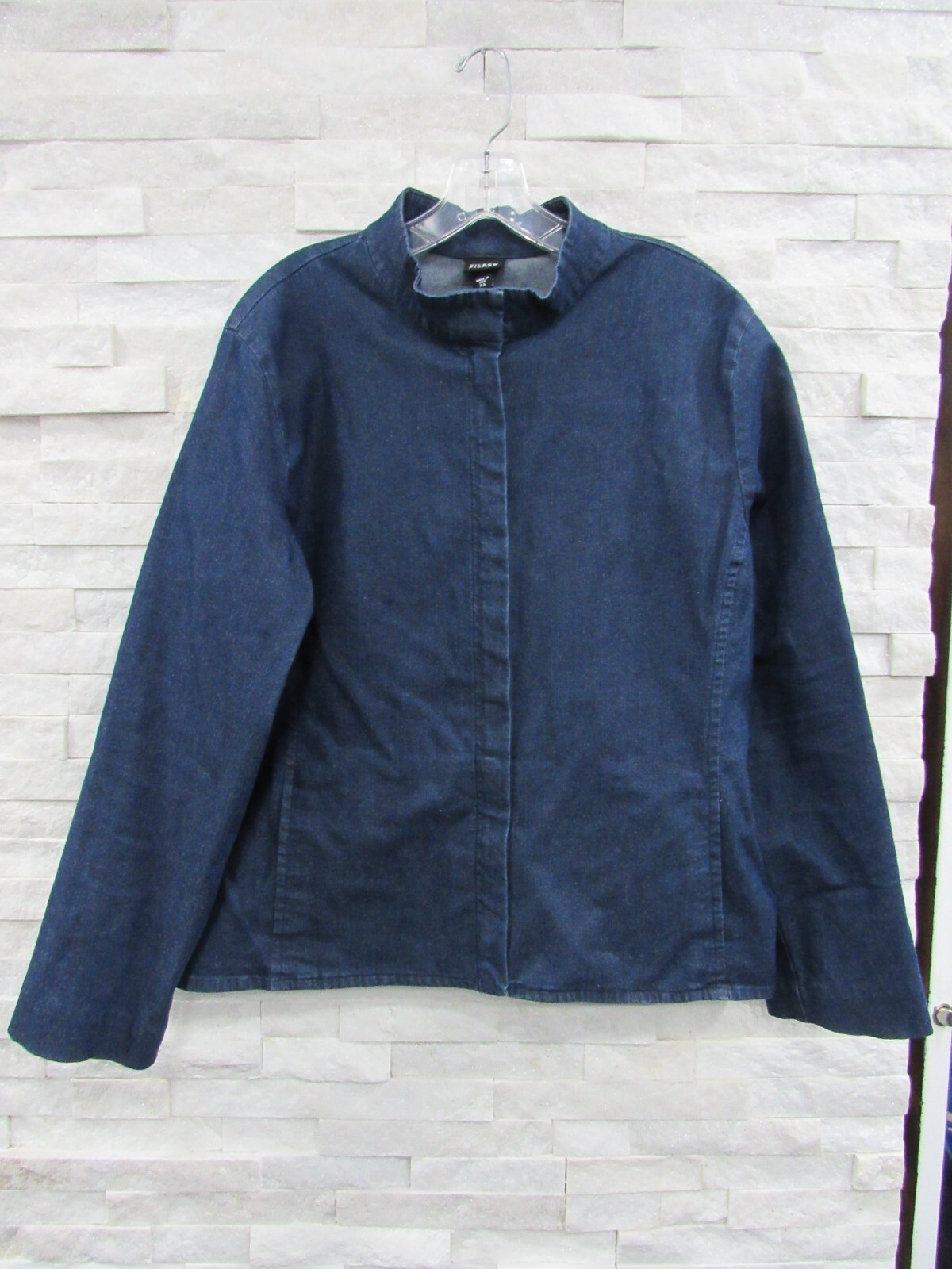 Eileen Fisher Indigo Soft Stretch Denim Hidden Zip Stand Collar Casual Jacket XL