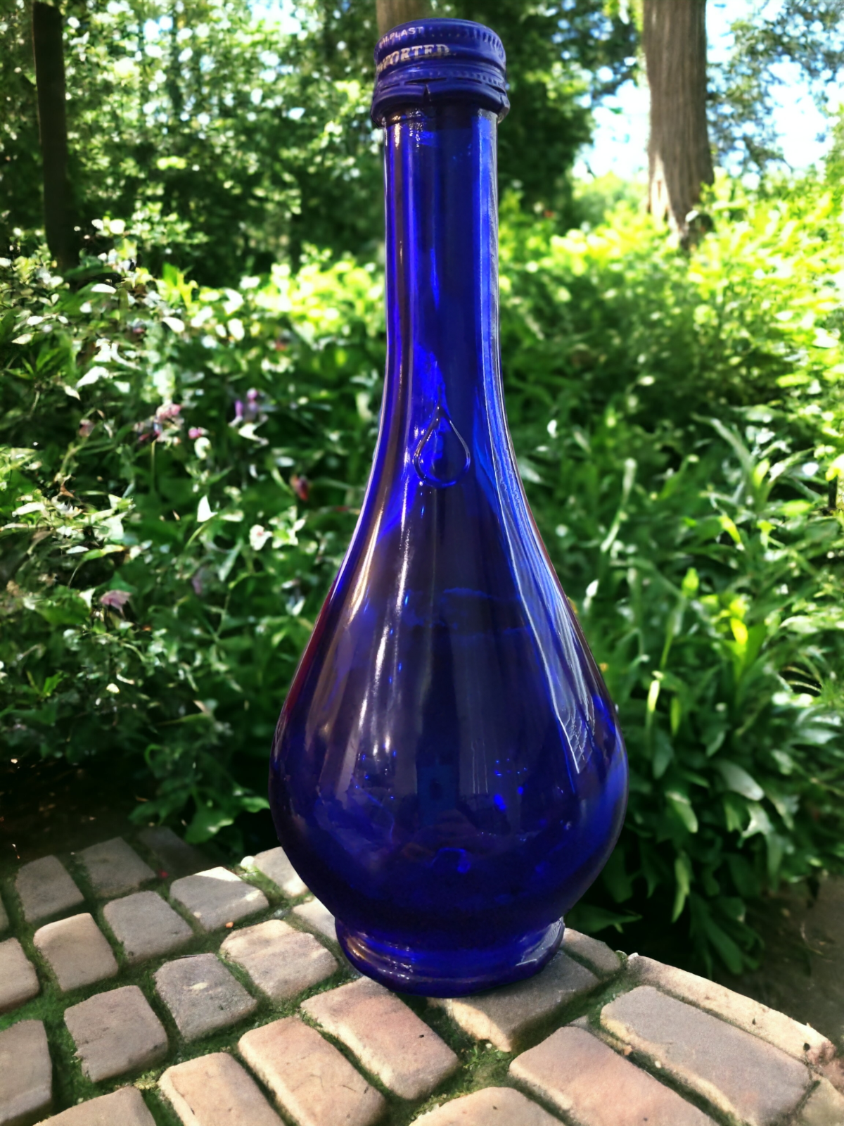 Vintage Teardrop Cobalt Blue Glass Bottle Acqua della Madonna Made in ITALY 8