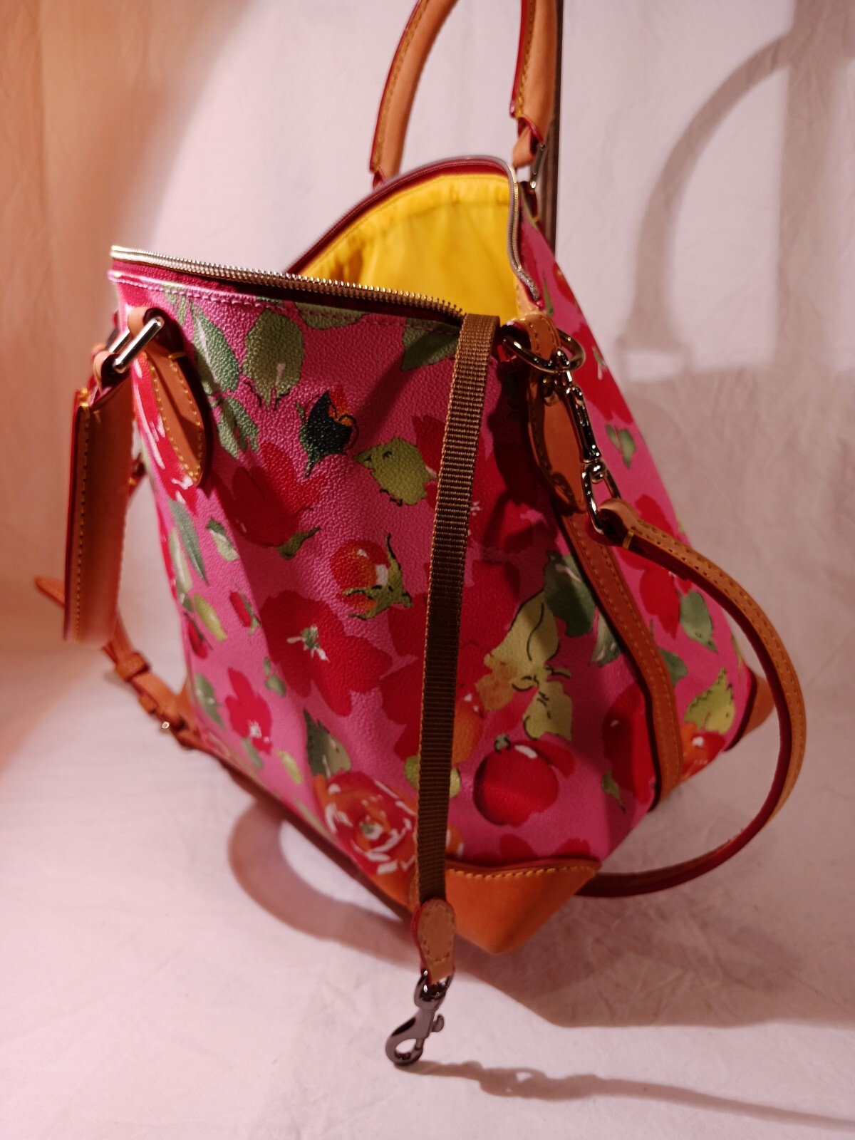 Dooney Bourke Pink Multicolored Floral Flowers Leather Satchel Handbag