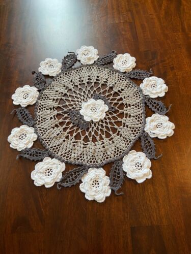 New Handmade Crocheted Pewter & Gray with White Flowers Doily - 15 in diameter