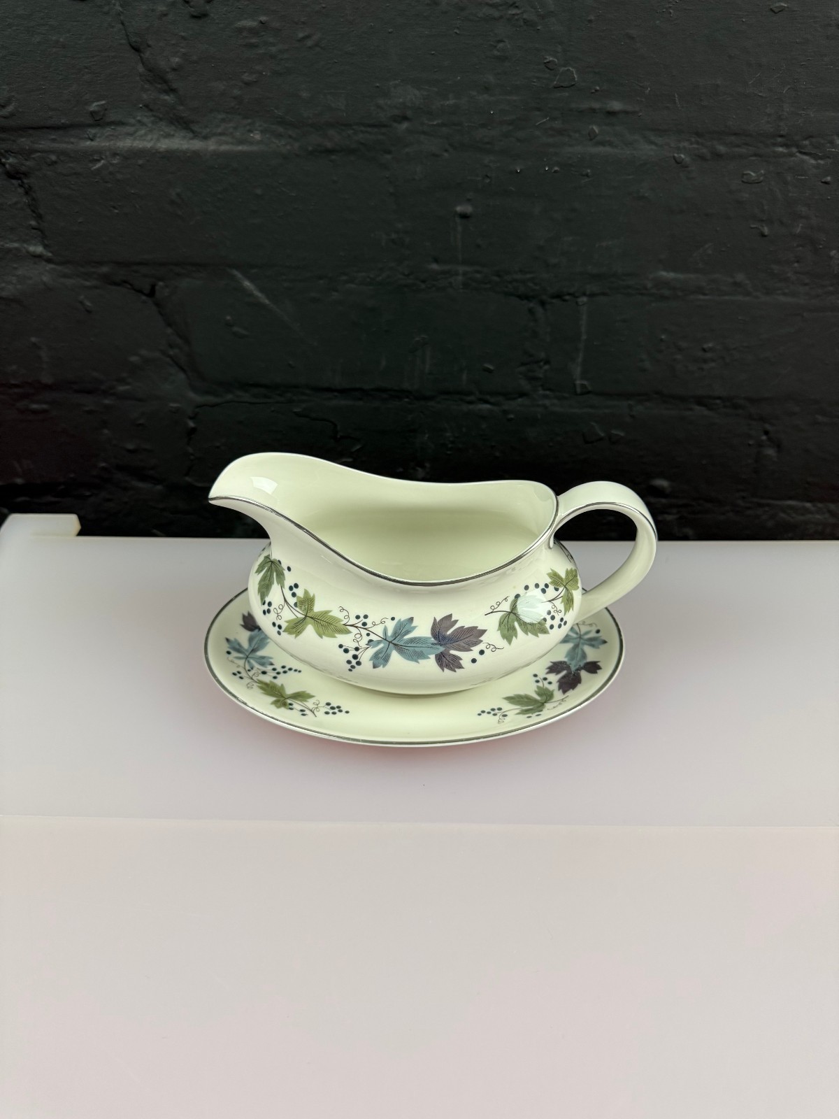 Royal Doulton Burgundy Gravy Boat / Sauce Jug and Stand / Drip Plate Set