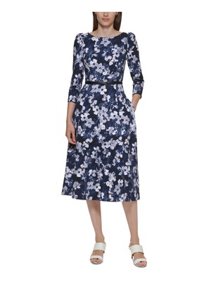 

CALVIN KLEIN Женское темно-синее платье-футляр без подкладки с поясом и рукавом 3/4 ниже колена, Navy