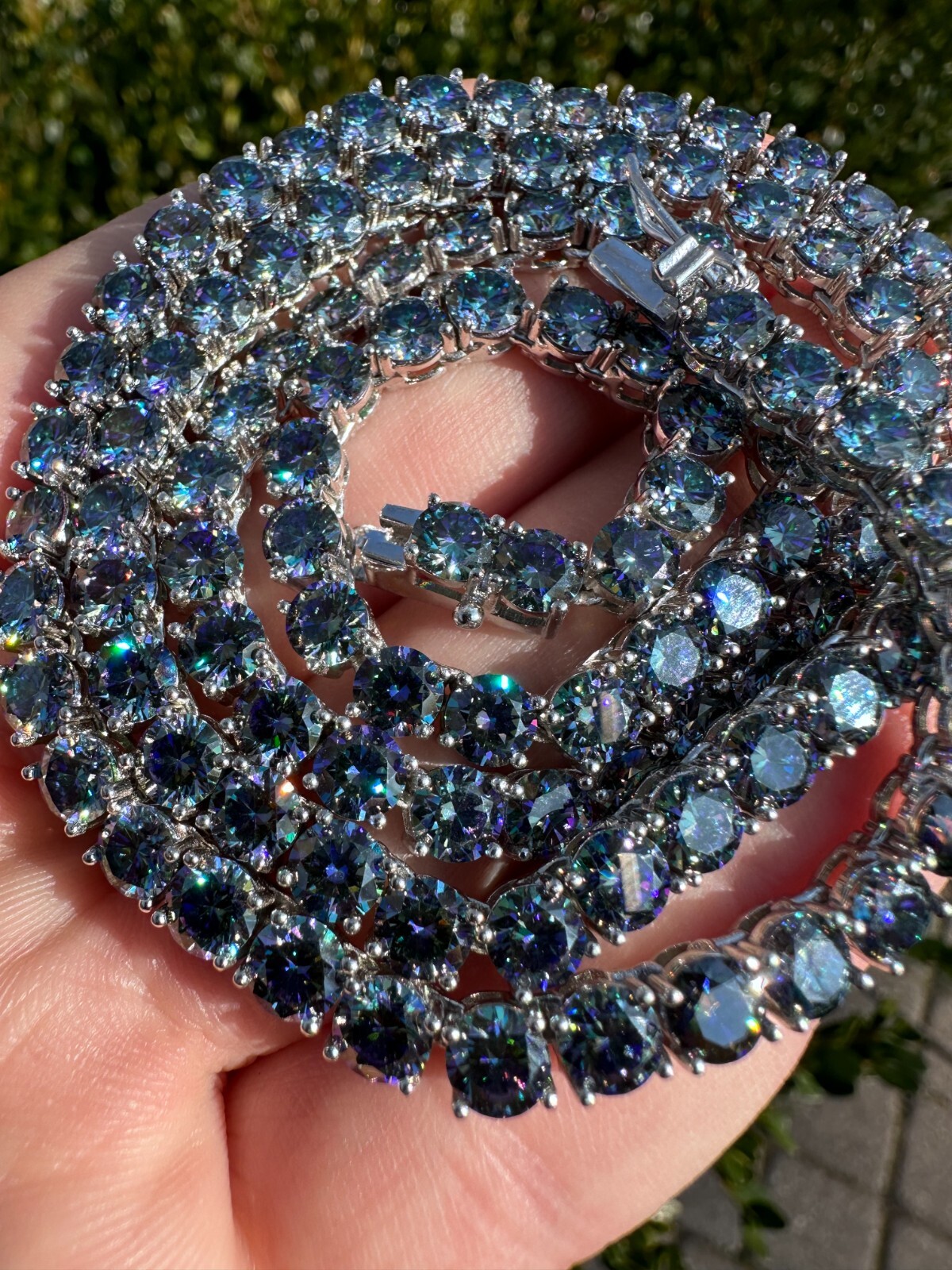 Pre-owned Silver Real Blue Moissanite 5mm Tennis Chain 925  Iced Necklace Pass Diamond Test