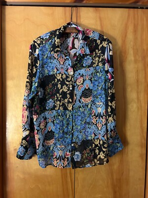 Zara Womens Floral Boho Patchwork Design Button Down-Semi Sheer Sz M