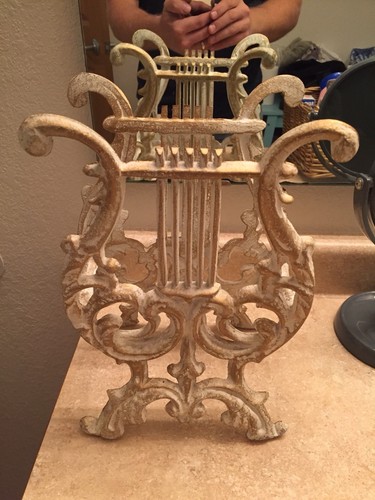 Vintage Cast Iron Antique White  Lyre Harp Metal Music Book Stand Magazine Rack