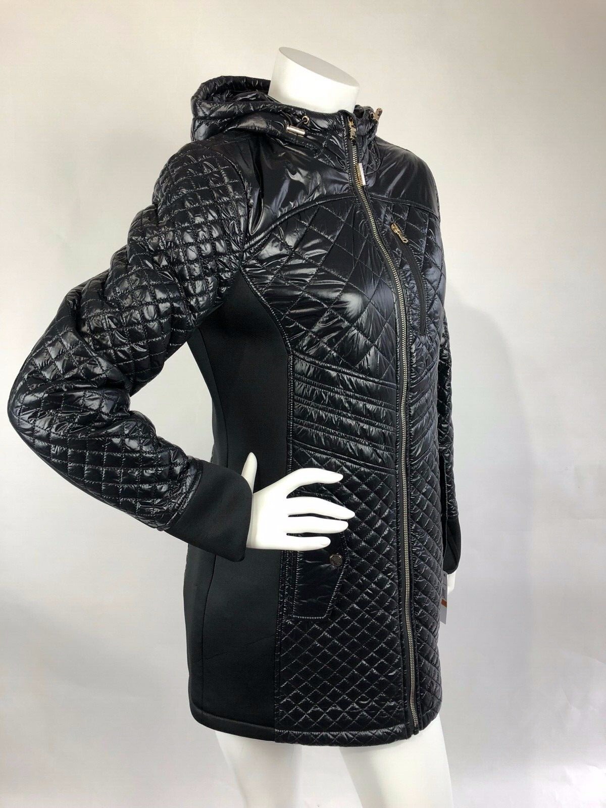 Pre-owned Michael Kors Womens  Puffer Jacket Bubble Moto Coat 3/4 Black Hooded