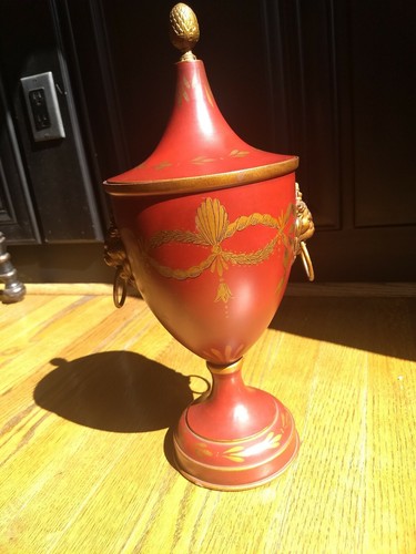 ANTIQUE Vintage Italian Tole Painted RED Shabby Lion's Face Handle Urn