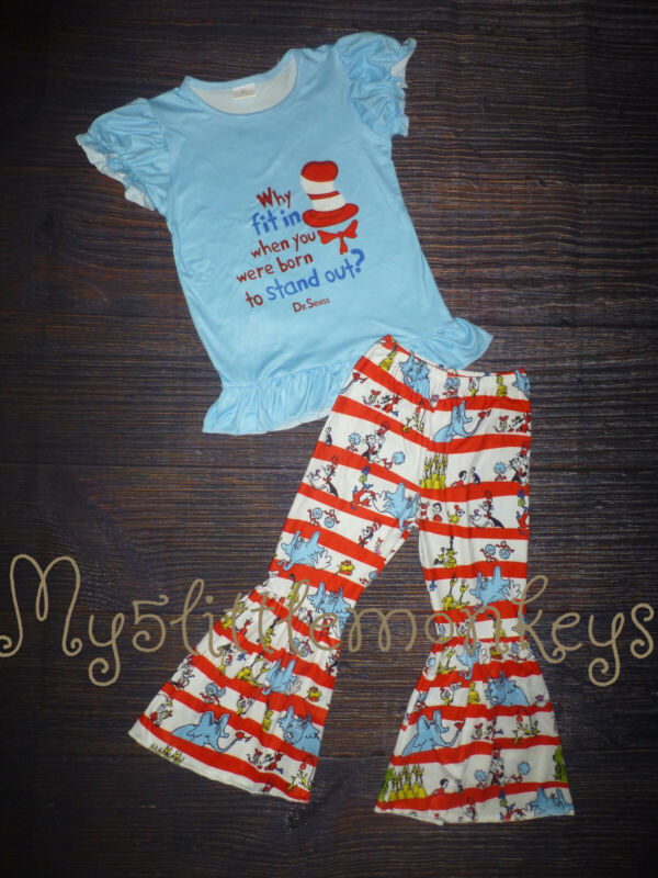 New Dr Seuss Cat In The Hat Shirt & Bell Pants Girls Boutique Outfit Set 