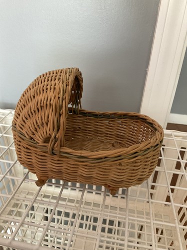 Doll Cradle Crib Bassinet Vintage Wicker & Wood Willow Baske