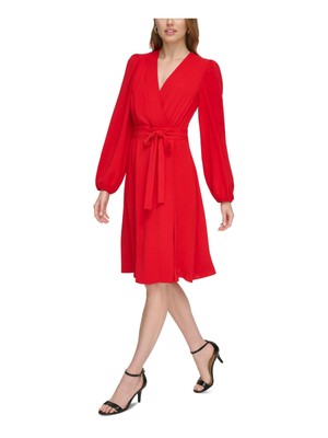 TOMMY HILFIGER Womens Red Tie Trapunto Stitching Unlined Sleeve Dress 2